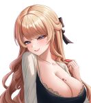  1girl absurdres blonde_hair bra bra_peek breasts cleavage collarbone dongtan_dress dress english_commentary food genshin_impact grey_dress head_tilt highres holding holding_food large_breasts long_hair long_sleeves looking_at_viewer meme_attire navia_(genshin_impact) open_mouth rang_g_c smile solo taut_clothes taut_dress underwear upper_body white_background 