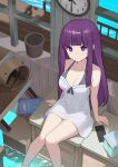  1girl absurdres book breasts cellphone cleavage clock closed_mouth collarbone dress fern_(sousou_no_frieren) highres long_hair looking_at_viewer nagisa_(cxcx5235) phone purple_eyes purple_hair sitting sleeveless smartphone soaking_feet solo sousou_no_frieren sundress water white_dress 