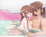  1boy 1girl aile_(mega_man_zx) bath bathing blush breasts brown_hair green_eyes highres hug in_water long_hair looking_at_viewer medium_breasts mega_man_(series) mega_man_zx mega_man_zx_advent nude robot_ears vent_(mega_man) water zerokun135 