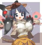  1girl animal_ears armadillo_ears armadillo_tail belt black_eyes black_hair breasts cellien_(kemono_friends) extra_ears giant_armadillo_(kemono_friends) grey_background hat highres jacket kemono_friends large_breasts lets0020 ribbon short_hair simple_background skirt sweat sweater tail 