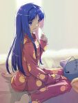  1girl akayama_yukihe backlighting barefoot blue_eyes blue_hair blush commentary_request curtains drooling from_side hair_intakes hand_up highres indoors kanon keropii long_hair looking_at_viewer minase_nayuki morning mouth_drool on_bed open_mouth pajamas parted_bangs paw_print pink_pajamas sidelocks sitting sleepy sleeves_past_wrists solo straight_hair toes very_long_hair wariza 