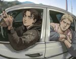  2boys absurdres black_hair black_jacket black_nails blonde_hair closed_mouth day eren_yeager grey_jacket hand_tattoo highres jacket jewelry looking_at_another male_focus multiple_boys muscular muscular_male open_clothes open_jacket outdoors pink_tank_top reiner_braun ring shingeki_no_kyojin short_hair sky smile tank_top tattoo thisuserisalive watch wristwatch 