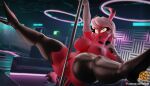 3d_(artwork) areola biped breasts clothing dancing demon demon_humanoid digital_media_(artwork) female genitals hi_res humanoid legwear looking_at_viewer mostly_nude nipples not_furry pole pole_dancing pussy red_body sfrogue spread_legs spreading thigh_highs