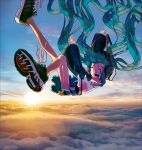  1girl above_clouds alternate_footwear arms_up audio_cable black_skirt black_sleeves blue_eyes blue_hair blue_sky closed_mouth cloud cloudy_sky collared_shirt cropped_shirt detached_sleeves doppelschwert falling floating_hair from_side full_body hair_ornament hatsune_miku headset highres leg_up looking_at_viewer looking_to_the_side midair midriff panties pantyshot photo_background pleated_skirt shirt shoes short_eyebrows skirt sky sneakers solo striped striped_panties sun twintails underwear v-shaped_eyebrows vocaloid white_shirt wide_sleeves wind 