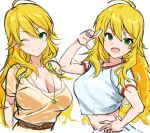  1girl ;) ahoge blonde_hair blush breasts cleavage closed_mouth collarbone green_eyes hair_between_eyes hand_on_own_hip hand_up highres hoshii_miki idolmaster idolmaster_(classic) index_finger_raised large_breasts long_hair looking_at_viewer multiple_views one_eye_closed open_mouth shirt sidelocks simple_background smile solo sparkle split_mouth sweat upper_body v-shaped_eyebrows very_long_hair wavy_hair white_background white_shirt yellow_shirt zenoo 