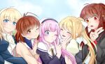  5girls air_(visual_novel) blonde_hair blue_eyes brown_hair clannad closed_eyes company_connection furukawa_nagisa harmonia_(key) highres hug kamio_misuzu kamisama_ni_natta_hi key_(company) little_busters! multiple_girls natsume_rin one_eye_closed pink_hair satou_hina_(kamisama_ni_natta_hi) shiona_(harmonia) smile tagme user_nrry7372 v 