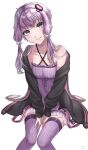  1girl absurdres arms_between_legs bare_shoulders criss-cross_halter dress frilled_dress frills hair_ornament hair_tubes halter_dress halterneck highres jacket looking_at_viewer nil_(pixiv_53614557) off_shoulder purple_eyes purple_hair short_dress short_hair_with_long_locks sitting smile solo thighhighs voiceroid yuzuki_yukari 