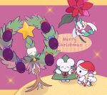  :d ^_^ arboliva bell black_eyes candy candy_cane christmas closed_eyes commentary dian_(nanooo_i) floette flower food highres holding holding_flower maushold no_humans open_mouth pokemon pokemon_(creature) purple_eyes scarf smile standing 