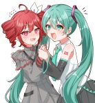  2girls :d @_@ absurdres ahoge aqua_necktie bare_shoulders black_sleeves blush detached_sleeves drill_hair flying_sweatdrops green_eyes green_hair grey_skirt hair_ornament hair_ribbon hand_grab hatsune_miku highres kasane_teto mirumiru_(miru36i) multiple_girls necktie notice_lines number_tattoo own_hands_together pleated_skirt red_eyes red_hair red_nails ribbon simple_background skirt smile tattoo trembling twin_drills twintails utau vocaloid white_background white_ribbon 