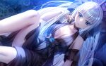  1girl bare_shoulders black_bow black_choker black_dress blue_eyes bow breasts center_opening choker closed_mouth collarbone commentary_request commission dress dutch_angle fate/grand_order fate_(series) feet_out_of_frame grey_hair hair_between_eyes hair_bow hand_up knee_up long_hair looking_at_viewer medium_breasts morgan_le_fay_(fate) sitting skeb_commission sleeveless sleeveless_dress solo toshi_(1-147) very_long_hair 