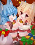  2girls :d animal_ear_fluff animal_ears belt belt_buckle black_pantyhose blonde_hair blue_eyes blue_hair blush box breasts brown_background brown_belt brown_eyes buckle cake cat_ears chicken_leg cleavage commentary_request crop_top fang food fox_ears fruit fur-trimmed_skirt fur_trim gift gift_box hair_between_eyes highres holding holding_food kanijiru long_hair looking_at_viewer medium_breasts midriff multiple_girls navel original pantyhose red_skirt sack signature simple_background skirt smile strawberry very_long_hair 