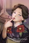  1boy 1girl artist_name blush brown_hair clothed_female_nude_male commentary cum cum_on_lips english_commentary erection facial finger_to_mouth floral_print hair_ornament hetero highres hoo_bamon japanese_clothes kimetsu_no_yaiba kimono lips lipstick looking_to_the_side makeup male_masturbation masturbation nude obi penis print_kimono purple_eyes red_lips sash solo_focus tamayo_(kimetsu_no_yaiba) uncensored 