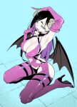  1girl bat_wings black_hair blue_eyes breasts demon_horns elbow_gloves fang fingernails gloves hand_on_own_head high_heels highres horns kneeling large_breasts long_hair open_mouth solo toyoda_(yancha_gal) wings yancha_gal_no_anjou-san yuuichi_katou 