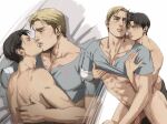  2boys abs amputee bandaged_arm bandages bare_pectorals bite_mark black_pants clothes_lift couple dudlesnoodles erection erwin_smith grey_shirt highres imminent_kiss levi_(shingeki_no_kyojin) looking_at_another male_focus male_pubic_hair multiple_boys naked_shirt navel nipples pants parted_lips pectorals penis pubic_hair sex sex_from_behind shingeki_no_kyojin shirt shirt_lift testicles topless_male yaoi 