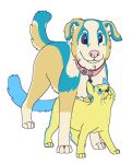 2014 aliasing alpha_channel ambiguous_gender bird_dog black_nose blue_(bluekyokitty) blue_body blue_eyes blue_fur blue_markings bluekyokitty button_ears canid canine canis chow_chow collar digital_drawing_(artwork) digital_media_(artwork) digitigrade domestic_cat domestic_dog duo ear_piercing eye_contact facial_piercing felid feline felis feral flat_colors floppy_ears fur gauged_ear golden_retriever grey_sclera hunting_dog larger_on_top lip_piercing looking_at_another mammal markings mixed_breed on_bottom on_top paws piercing pink_collar pink_nose plug_(jewelry) raised_tail retriever sebdoggo simple_background size_difference smaller_on_bottom smile snakebite_piercing spitz standing tail transparent_background whiskers white_body white_fur yellow_body yellow_fur