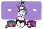  ... 1girl animalization bandaid bandaid_on_arm bandaid_on_leg black_gloves black_shorts blade_(sesame_cake)_(honkai:_star_rail) cat closed_mouth critter_pick_(honkai:_star_rail) emne fingerless_gloves gloves goggles goggles_on_head grey_eyes grey_hair hair_between_eyes honkai:_star_rail honkai_(series) jitome kafka_(shader_cat)_(honkai:_star_rail) long_hair looking_at_viewer midriff navel shirt shorts silver_wolf_(honkai:_star_rail) single-shoulder_shirt single_bare_shoulder sitting speech_bubble spoken_ellipsis thigh_strap white_shirt 