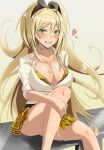  1girl bare_legs black_bow blonde_hair blush bow bra breasts buhiko center_opening cheetah_print choker cleavage collarbone collared_shirt commentary_request earrings feet_out_of_frame frilled_skirt frills goddess_of_victory:_nikke green_eyes gyaru hair_ornament heart highres hoop_earrings jewelry large_breasts long_hair looking_at_viewer open_mouth pleated_skirt rupee_(nikke) shadow shirt sitting skirt solo table teeth thigh_strap thighs underwear upper_teeth_only v-shaped_eyebrows white_choker white_sleeves yellow_bra yellow_skirt 