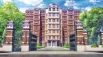  blue_sky brick building cloud cloudy_sky day fence film_grain game_cg gate hedge iron_fence izumi_tsubasu no_humans non-web_source official_art outdoors re:stage! scenery school sky tree 