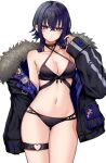  1girl bare_shoulders bikini black_bikini black_hair black_jacket blush breasts choker cleavage closed_mouth collarbone commentary_request criss-cross_halter ear_piercing fur-trimmed_jacket fur_trim groin_tendon halterneck hand_up heart_o-ring highres ichinose_uruha jacket kushinaka long_hair long_sleeves looking_at_viewer lupinus_virtual_games medium_breasts multicolored_hair navel open_clothes open_mouth piercing purple_eyes sidelocks simple_background solo swimsuit thigh_strap two-tone_hair virtual_youtuber vspo! white_background 