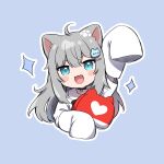  1girl :3 :d ahoge amashiro_natsuki animal_ears black_choker blue_background blue_eyes blush_stickers cat_ears chibi choker commentary_request cropped_torso fang grey_hair hair_between_eyes hair_ornament indie_virtual_youtuber long_hair looking_at_viewer nachoneko outline shirt simple_background sleeves_past_fingers sleeves_past_wrists smile solo sparkle upper_body very_long_hair virtual_youtuber white_outline white_shirt 