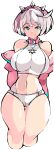  1girl absurdres adapted_costume ahoge aqua_eyes blush breasts collar elphelt_valentine enpe guilty_gear guilty_gear_strive hairband highres huge_ahoge jacket large_breasts looking_at_viewer midriff navel off_shoulder panties pink_hairband pink_jacket short_hair skull_print smile spiked_collar spiked_hairband spikes sports_bra underwear white_hair white_panties white_sports_bra 