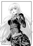  1girl belt black872233196 black_border bodysuit border breasts cowboy_shot gloves greyscale highres kula_diamond long_hair looking_at_viewer monochrome simple_background small_breasts snk the_king_of_fighters white_background zipper 