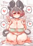  1girl absurdres animal_ears bikini blush breasts bright_pupils cleavage closed_mouth collarbone commentary_request daruia_(sabitare) dated dot_mouth double-parted_bangs double_v eyepatch_bikini green_bikini grey_hair hands_up heart highres large_breasts looking_at_viewer mouse_ears mouse_tail navel nazrin on_floor plump red_eyes shiny_skin short_hair side-tie_bikini_bottom sitting solo spoken_heart striped striped_bikini swimsuit tail thick_eyebrows touhou translation_request v wariza white_pupils 