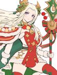  1girl bell cape christmas closed_mouth commentary dress edelgard_von_hresvelg edelgard_von_hresvelg_(snowfall_future) fire_emblem fire_emblem:_three_houses fire_emblem_heroes fur-trimmed_cape fur-trimmed_dress fur_trim gloves gonzarez highres holding holding_polearm holding_weapon holly horns jewelry jingle_bell official_alternate_costume polearm purple_eyes red_dress ribbon solo star_(symbol) thighhighs thighs two-tone_dress weapon white_background white_dress white_gloves white_hair zettai_ryouiki 