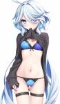  1girl ahoge black_shirt blue_bra blue_eyes blue_hair blue_nails blue_panties blush bow bow_bra bow_panties bra breasts closed_mouth clothes_in_mouth clothes_lift commentary_request furina_(genshin_impact) genshin_impact grey_hair groin hair_intakes hair_over_one_eye highres long_hair long_sleeves looking_at_viewer medium_breasts mouth_hold multicolored_hair nail_polish navel panties shirt shirt_in_mouth shirt_lift simple_background skindentation sleeves_past_wrists solo thigh_strap two-tone_hair underwear very_long_hair white_background yoye_(pastel_white) 