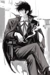  1boy azom_(zmoldman) black_jack_(character) black_jack_(series) cigarette collared_shirt crossed_legs expressionless feet_out_of_frame greyscale hair_over_one_eye holding holding_cigarette long_sideburns looking_to_the_side male_focus monochrome multicolored_hair painterly patchwork_skin scar scar_on_face shirt short_hair sideburns sitting sketch solo split-color_hair suit thick_eyebrows turning_head two-tone_hair white_hair 