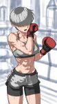  1girl abs bike_shorts bike_shorts_under_shorts boxing_gloves breasts collarbone cowboy_shot dolphin_shorts grey_shorts hair_over_eyes medium_breasts monochrome_background muscular muscular_female navel open_mouth original rggr shorts solo stomach sweat thighs toned 