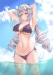  1girl absurdres adjusting_hair alternate_costume armpits arms_up bare_shoulders bikini blush breasts bronya_zaychik bronya_zaychik_(silverwing:_n-ex) cloud cloudy_sky commentary_request cowboy_shot day drill_hair frilled_bikini frills front-tie_bikini_top front-tie_top grey_eyes grey_hair hair_between_eyes highres honkai_(series) honkai_impact_3rd large_breasts long_hair looking_at_viewer match_(scp115) navel outdoors parted_lips presenting_armpit purple_bikini side-tie_bikini_bottom sky solo standing stomach swimsuit twin_drills underboob wading water 