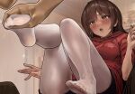  1girl black_shorts brown_eyes brown_hair feet full_body grabbing highres hood hood_down hoodie long_hair looking_at_viewer no_shoes open_mouth original pantyhose red_hoodie short_shorts shorts soles sweatdrop toes white_pantyhose yewang19 