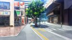  ad banner blue_sky brick building city cloud crosswalk day film_grain game_cg izumi_tsubasu lamppost no_humans non-web_source official_art outdoors plant potted_plant re:stage! road scenery sky storefront street tree 