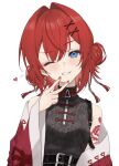  1girl ange_katrina ange_katrina_(7th_costume) blue_eyes chinese_clothes double_bun hair_bun hair_intakes hair_ornament haruwo heart nijisanji one_eye_closed red_hair red_nails short_hair simple_background smile solo v_over_mouth white_background x_hair_ornament 