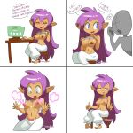 areola blue_eyes breasts brown_body brown_nipples brown_skin clothed clothing clothing_lift comic computer dialogue duo electronics english_text eyes_closed female genie hair hi_res human humanoid humanoid_pointy_ears long_hair male mammal minus8 narrowed_eyes nipples not_furry open_mouth pink_nipples purple_hair shantae shantae_(series) shirt shirt_lift sitting surprised_expression text topwear wayforward wide_eyed