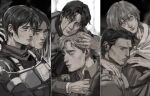  1girl 3boys absurdres armor blood blood_on_face cape chest_armor closed_eyes closed_mouth coat eren_yeager erwin_smith facial_mark highres hug levi_(shingeki_no_kyojin) mikasa_ackerman multiple_boys scar scar_on_cheek scar_on_face scarf shingeki_no_kyojin shirt short_hair thisuserisalive 