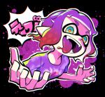  1girl :d black_background blue_eyes chromatic_aberration eyebrow_cut fangs gradient_hair inkling inkling_girl multicolored_eyes multicolored_hair open_mouth orange_eyes outline paint_splatter pointy_ears purple_hair purple_shirt red_hair shirt short_hair short_sleeves smile solo splatoon_(series) splatoon_3 t-shirt teeth teo_(teorekka) tongue tongue_out two-tone_hair white_outline yellow_pupils 