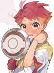  1boy blush blush_stickers commentary_request crispin_(pokemon) frying_pan gloves hand_up highres holding holding_frying_pan jacket looking_at_viewer lower_teeth_only male_focus neckerchief open_mouth orange_hair partially_fingerless_gloves pe_cippe pokemon pokemon_sv red_gloves red_hair red_pupils short_hair short_sleeves single_glove solo sweat teeth upper_body white_background white_jacket yellow_eyes yellow_neckerchief 