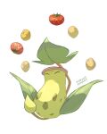  ^_^ closed_eyes food fruit full_body highres mokuzou_(moku_ssbu) no_humans pitcher_plant plant pokemon pokemon_(creature) signature solo tomato victreebel white_background 