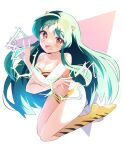  1girl blush boots breasts electricity fangs green_hair highres horns long_hair looking_at_viewer lum mani_(second-dimension) medium_breasts open_mouth orange_eyes panties smile solo strapless tiger_stripes tube_top underwear urusei_yatsura very_long_hair 