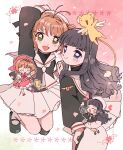  2girls black_footwear brown_hair cardcaptor_sakura chibi child closed_eyes daidouji_tomoyo dual_persona green_eyes highres holding_hands kero kinomoto_sakura magical_girl multiple_girls open_mouth purple_hair skirt smile socks white_skirt white_socks yukikokoro 