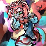 adjusting_glasses alternate_costume amy_rose anthro bellbottoms clothing denim eulipotyphlan eyewear female glasses gloves handwear heavyrivet hedgehog looking_at_viewer mammal sega shirt smile smirk solo sonic_the_hedgehog_(series) tank_top topwear