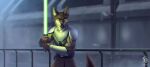 anthro brown_body brown_clothing brown_fur canid cereus93 clothed clothing dean_(knightgshep) fur green_eyes green_lightsaber head_tuft holding_lightsaber male mammal mouth_closed outside portrait snow snowing solo standing tan_body tan_fur three-quarter_portrait tuft
