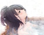  1girl bathing black_hair blue_eyes blurry blush breasts depth_of_field from_side highres idolmaster idolmaster_shiny_colors kazano_hiori long_hair looking_at_another looking_up mole mole_under_mouth nude onsen outdoors parted_lips partially_submerged ponytail small_breasts smile snowing solo steam water yuzuyu_(hyui) 