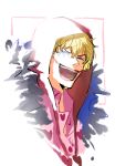  1boy ^_^ blonde_hair closed_eyes commentary donquixote_rocinante feather_coat hat heart male_focus one_piece pink_shirt raine_(acke2445) shirt simple_background smile solo symbol-only_commentary white_background 