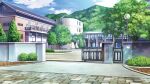  blue_sky brick building bush cloud cobblestone day film_grain game_cg gate izumi_tsubasu lamppost mountain no_humans non-web_source official_art outdoors re:stage! scenery school sky tree 