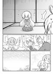  1boy 2girls 3girls ahoge alternate_costume comic futa_(nabezoko) greyscale hata_no_kokoro highres hijiri_byakuren japanese_clothes kimono long_hair monochrome morichika_rinnosuke multiple_girls o_o open_mouth shoujo_kitou-chuu touhou translated 