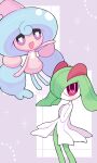  :d bright_pupils colored_skin commentary_request dian_(nanooo_i) green_hair hands_up hattrem highres kirlia no_humans open_mouth outstretched_arm pokemon pokemon_(creature) purple_eyes smile white_pupils white_skin 