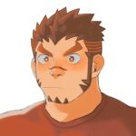  1boy 96suke_desu_(kurosuke) akashi_(live_a_hero) bara blush closed_mouth facial_hair goatee heart heart-shaped_pupils highres live_a_hero long_sideburns male_focus muscular muscular_male portrait red_eyes red_hair red_shirt scar scar_on_face scar_on_nose shirt short_hair sideburns simple_background solo symbol-shaped_pupils thick_eyebrows v-shaped_eyebrows white_background 